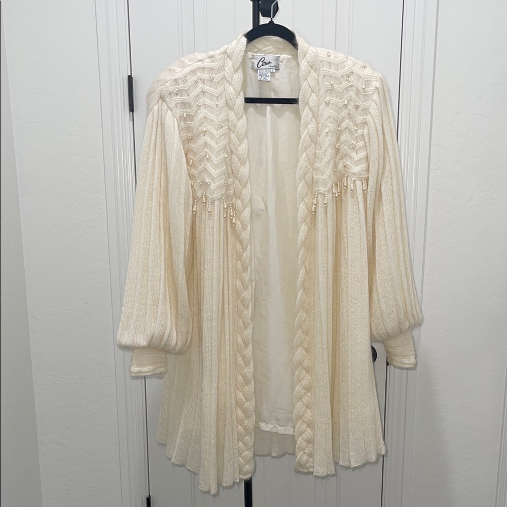 CAREER FRANKLIN Vintage Wool Blend Cream Pleated Balloon Sleeve Open Cardigan S